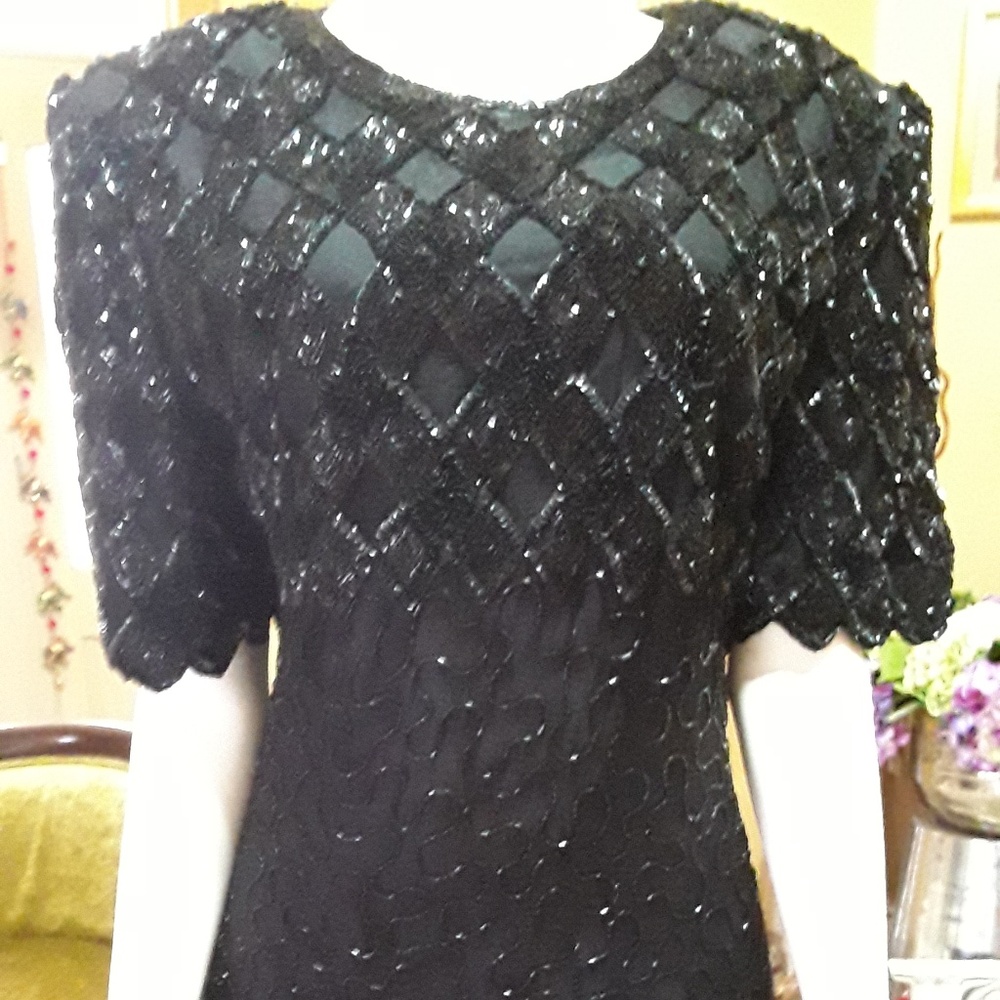 Laurence Kazar Black Beaded Evening Dress